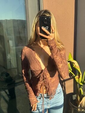 Lace Tie-Front Long Sleeve Top - Brown